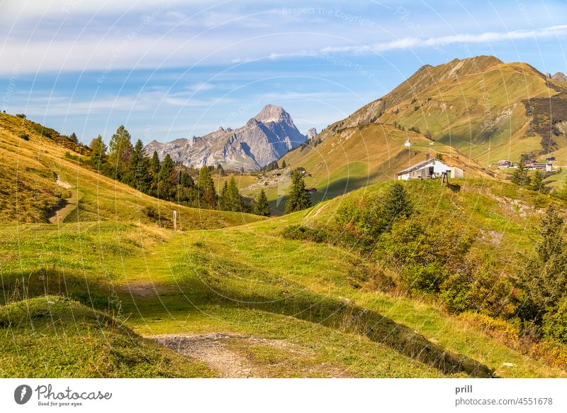 Rund um Warth in Österreich Vorarlberg WARTE Bregenz Alpen alpin Berge u. Gebirge Hügel Sommer sonnig Berghang Wiese Weide Baum Haus Chalet Kapelle Herbst