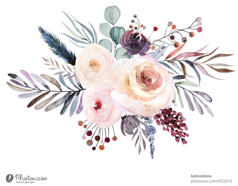 Winterliches Blumenbouquet in Aquarell mit pastellfarbenen Blättern, Beeren und Blumen botanisch Weihnachten Zeichnung Element handgezeichnet Feiertag