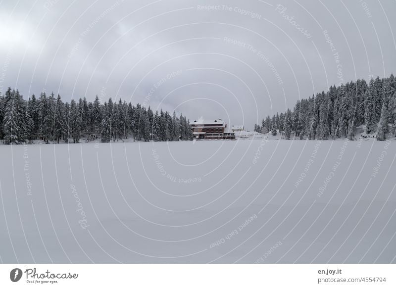 Schnee auf dem Mummelsee im Schwarzwald gefroren gefrorener See schneebedeckt Winter Haus Himmel Wolken Schneelandschaft Frost weiß Eis kalt Winterstimmung