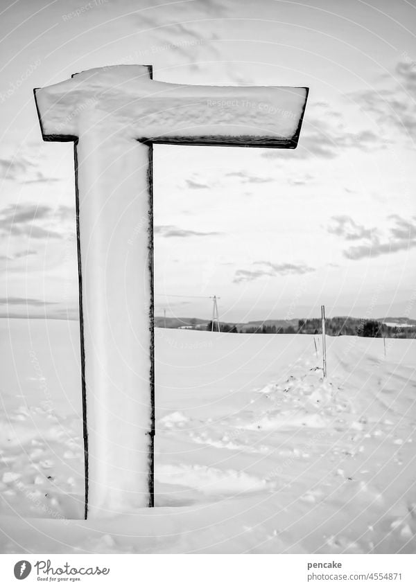 wohin des weges? Schnee Winter Weg Schild Wegweiser nirgendwo verdeckt verschneit orientierungslos nichts wandern Winterlandschaft Winterstimmung Schneedecke