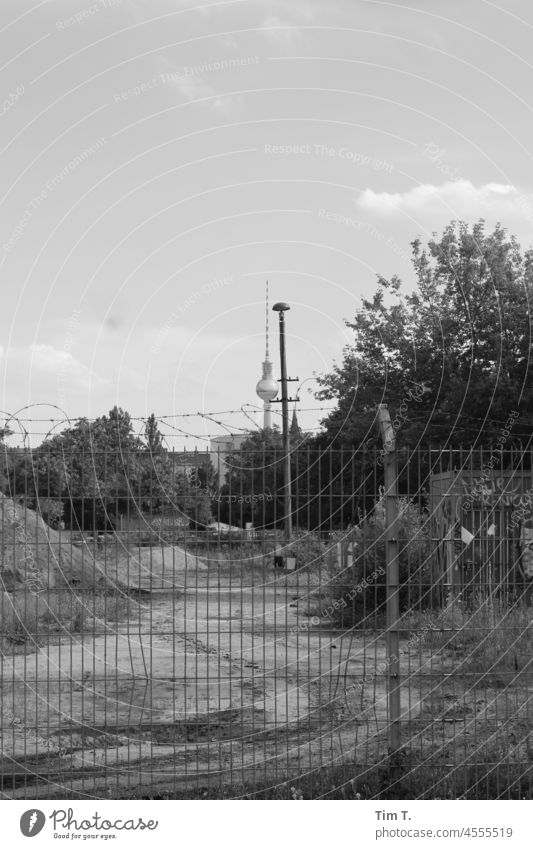 der Mauerpark mit Zaun, alter Laterne und Fernsehturm Berlin mauerpark Prenzlauer Berg s/w Stadt Hauptstadt Stadtzentrum Außenaufnahme Menschenleer Tag Altstadt