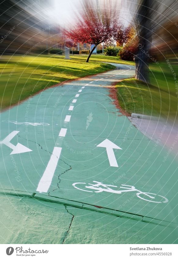 Fahrradweg oder Radweg im Park. Zyklus Straße Weg Wegbiegung Nachlauf Infrastruktur im Freien Rasen Gras Baum urban Großstadt Stadt Salamanca Spanien Zeichen