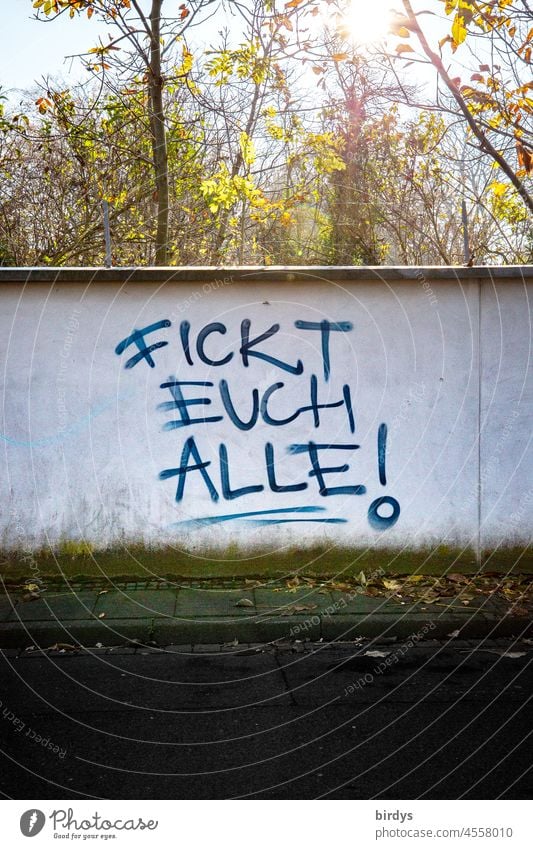 Fickt euch alle. vulgär wütendes Graffiti an einer Mauer fickt euch ! Frustration Konflikt & Streit Ärger Wut Ungerechtigkeit Gesellschaft Grafitti Schmiererei