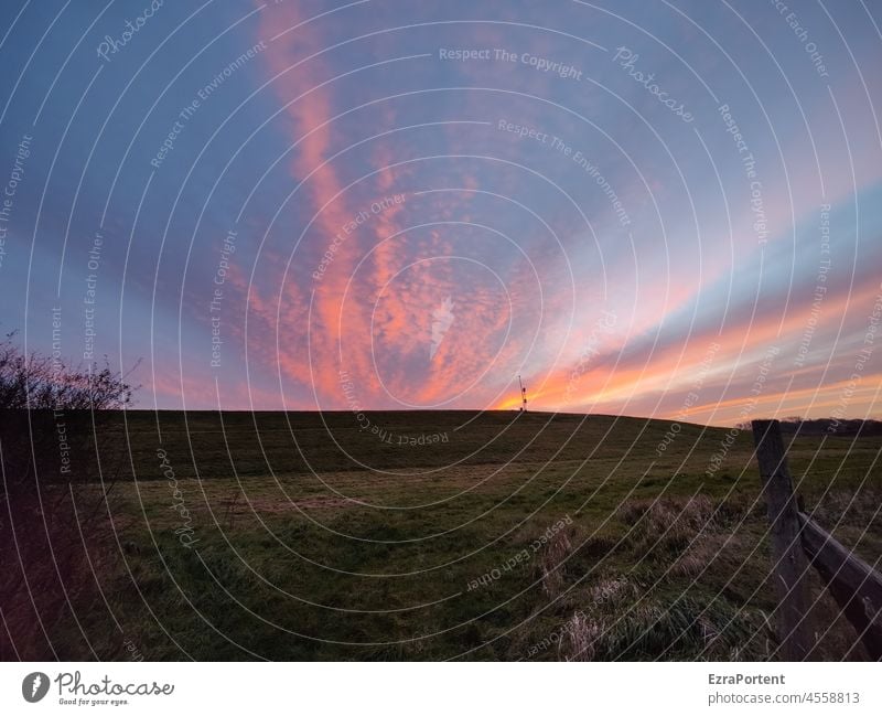 Postkarte Himmel Wolken Sonne Sonnenuntergang Deich Abenddämmerung Landschaft Natur Dämmerung Horizont Menschenleer Umwelt