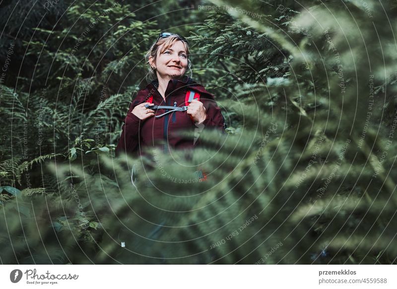 Frau mit Rucksack wandern im Wald, aktiv verbringen Sommerurlaub in der Nähe der Natur Abenteuer Ausflug reisen Urlaub Reise Trekking Berge u. Gebirge Fernweh