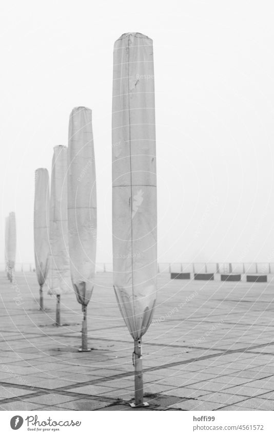 geschlossenen Sonnenschirme im Nebel auf einem großen Platz Nebelstimmung Nebelschleier Herbst Winter Winterpause Pause Stillstand Leere leerer Ort Ruhe Stille