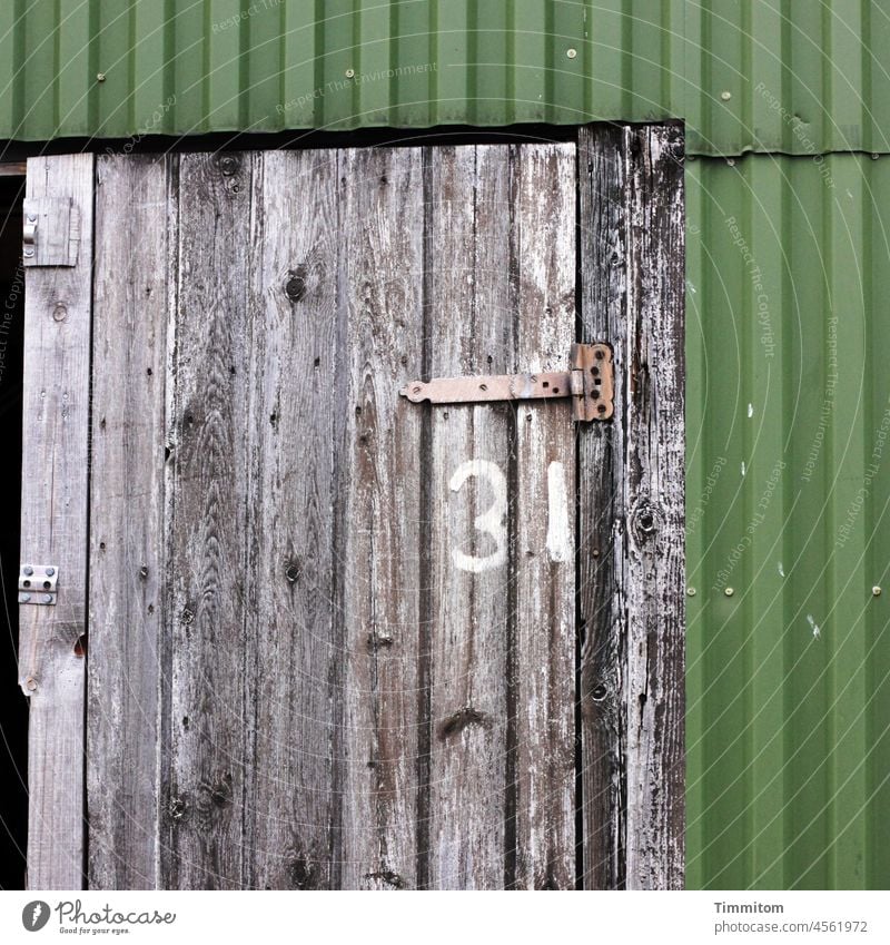 Treffpunkt Nr. 31 Zahl Tür Fassade Fischerhütte Wellblech Holz Scharnier alt grau grün Menschenleer Detailaufnahme Dänemark Hausnummer