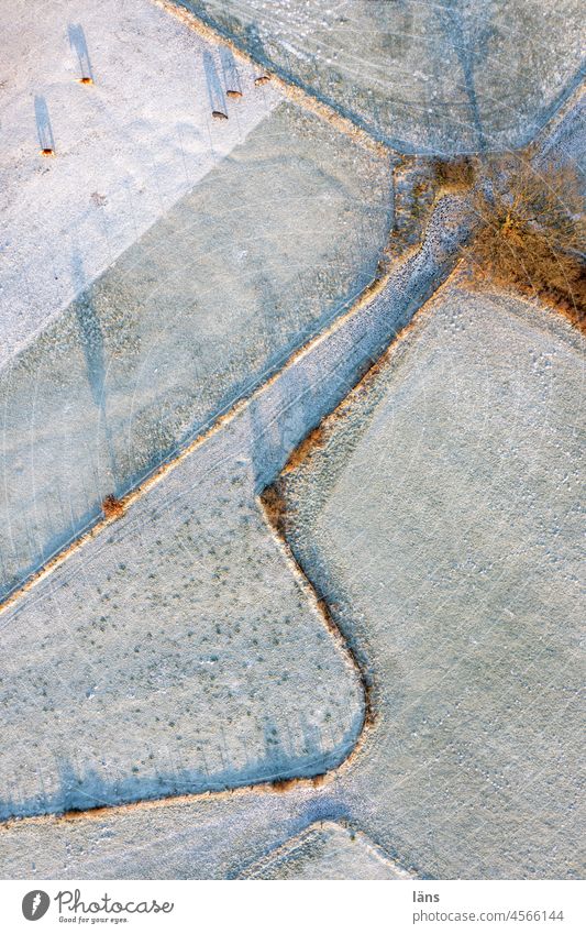 Pferdekoppeln von oben im Schnee Landwirtschaft Winter Wiese Zäune Einteilung Vogelperspektive Drohnenansicht Licht und Schatten Weide Gras Abgrenzung Linien