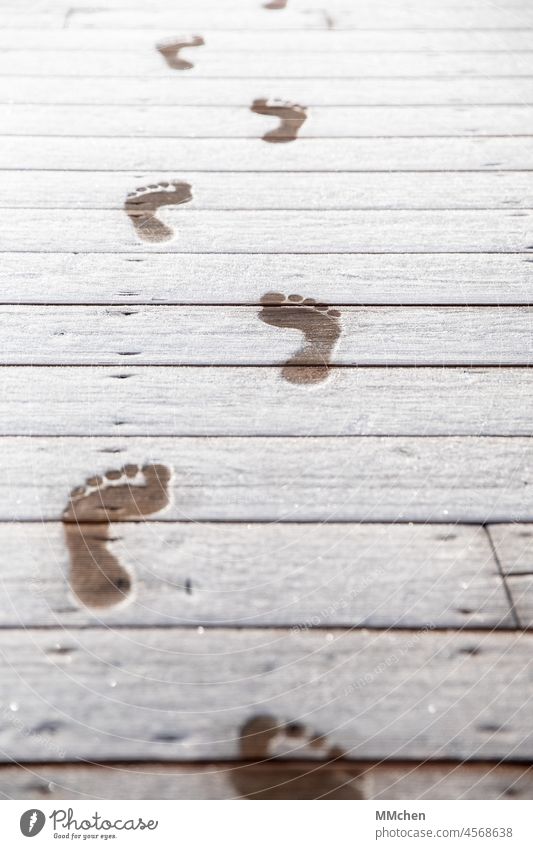 Spuren von nackten Füßen im Eis nacktheit nackte Füße Eiskristall kalt November Dezember Winter gehen laufen Wege & Pfade allein Holz Terrasse verfolgen