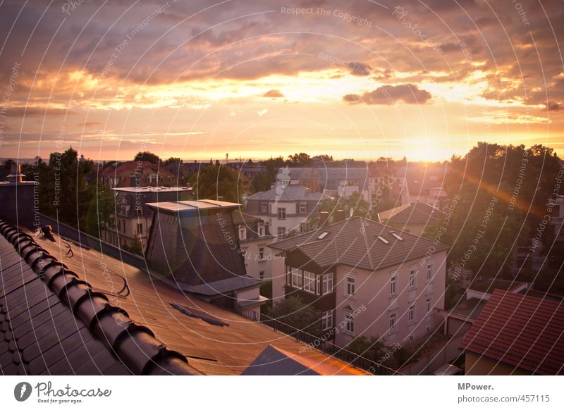 die sommersonne geht Stadt Skyline bevölkert Haus Einfamilienhaus hoch Wolkenloser Himmel Sonnenstrahlen Dresden Dach Giebelseite Süden Sommerabend