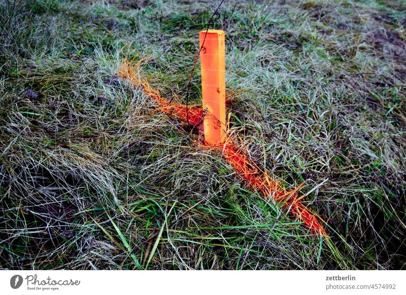 Markierung für irgendwas wiese winter pfahl markierung strich linie grenze mal aufmaß baustelle entfernung gras holz holzpfahl bauernhof landschaft vermessung