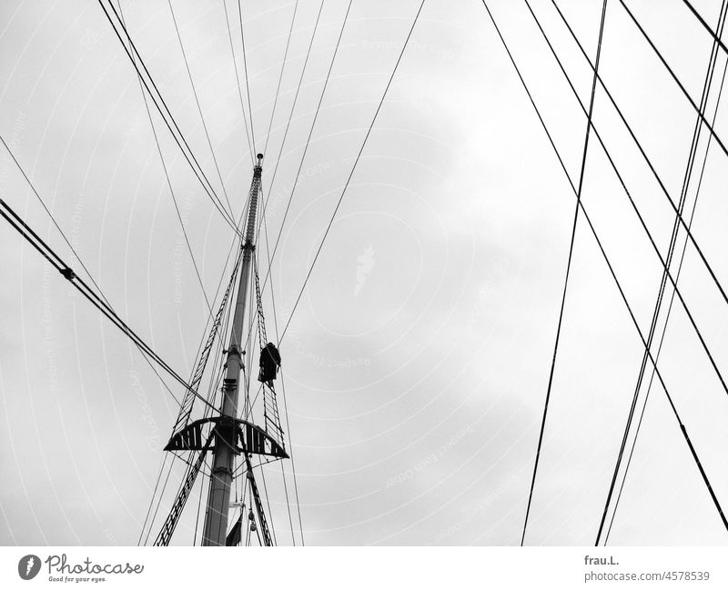 Sail away schwindelfrei neugierig Neugier mutig Abenteuer stehen alt Frau Mantel Hut gebeugt Handtasche Mensch allein Fotomontage Zeitung Himmel Schiff