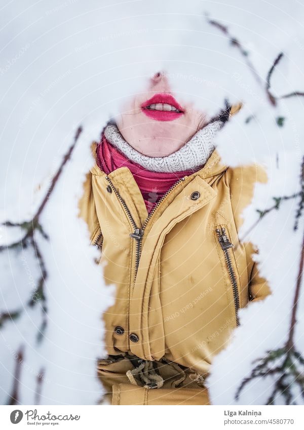 Gemalte Lippen umrahmt von Schnee Mund rote Lippen Lippenstift feminin Kosmetik Schminke Frau Farbfoto Haut Winter kalt Mensch Detailaufnahme Gesicht Erwachsene