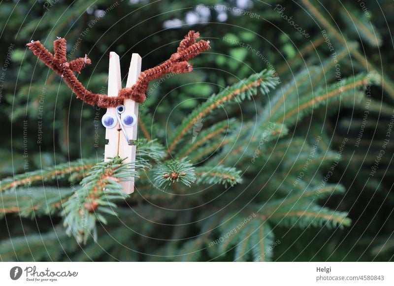 von Kindern gebasteltes Rentier aus Wäscheklammer und Pfeifenputzer als Weihnachtsbaumschmuck kreativ Kunstwerk Tanne Fichte Tannenbaum Tannenbaumschmuck