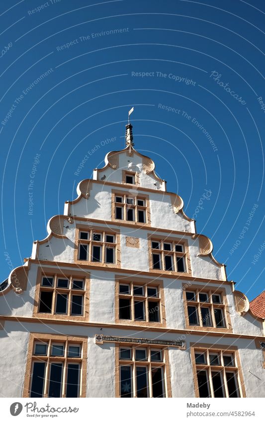 Kunstvoller Giebel eines restaurierten alten Kaufmannshaus vor strahlend blauem Himmel im Sommer bei Sonnenschein in der Altstadt der Alten Hansestadt Lemgo bei Detmold in Ostwestfalen-Lippe