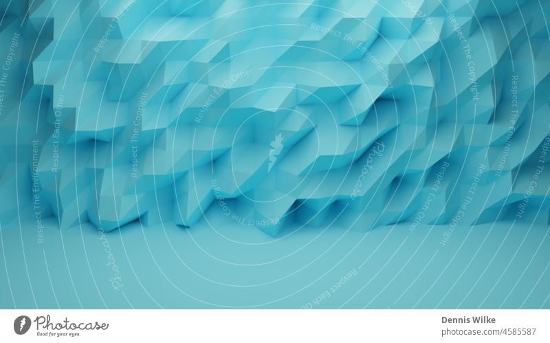 3D-Wiedergabe von hellen geometrischen dreieckigen Strukturen in Blautönen im Hintergrund eines gleichfarbigen Vordergrunds, die von einer darüber positionierten Lichtquelle aufgehellt werden