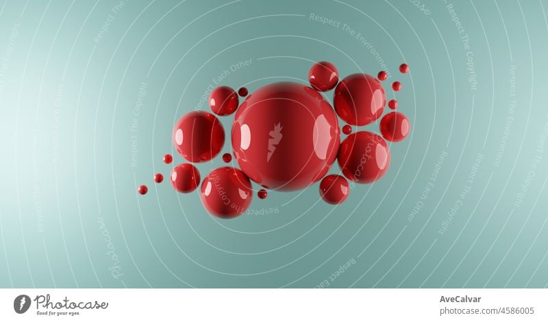 Floating suspendiert roten Ton Kugeln in blauem Hintergrund.3D-Render glänzende Kugeln.Pastellfarben Pantone. Abstrakter Hintergrund. Wissenschaft Physik Nano-Rendering Kugeln moderne Kunst pop.Copy Raum Raum