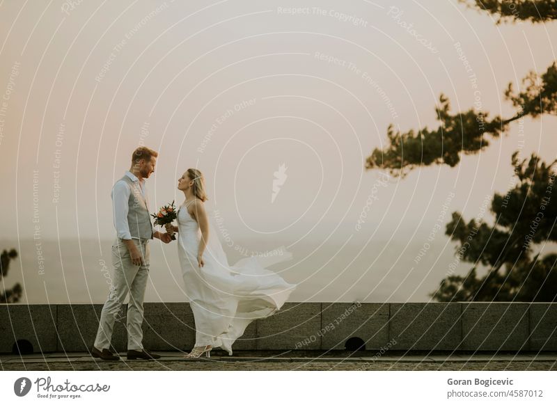 Junges, frisch verheiratetes Paar Romantik Schönheit Ehemann schön Ehefrau Braut Liebe Frau Fröhlichkeit romantisch Heirat Mann Hochzeit Porträt Kaukasier Glück