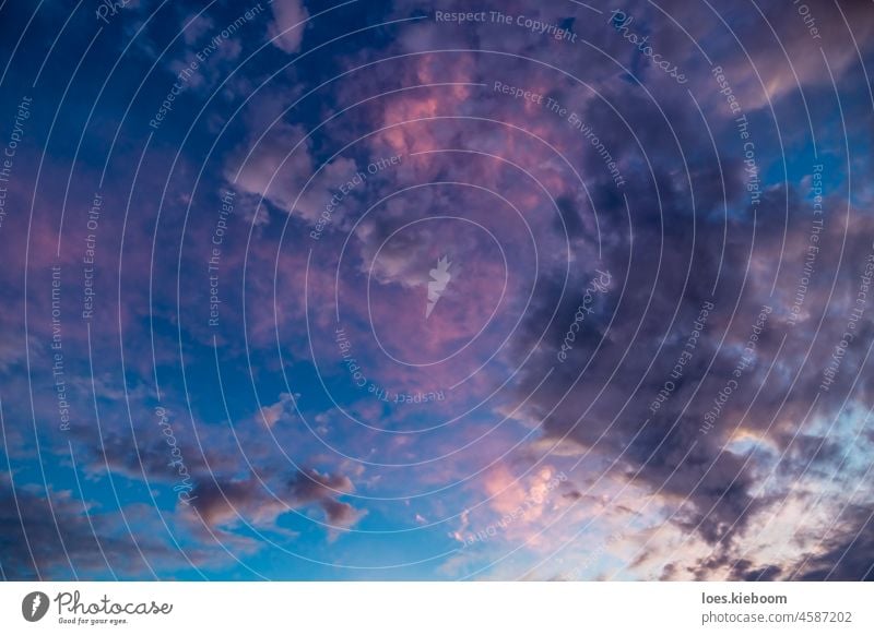 Weiße und dunkle Wolken gefärbt rosa auf blauen Himmel bei Sonnenuntergang Wolkenlandschaft Hintergrund abstrakt Wetter Muster Abenddämmerung Textur Natur Licht