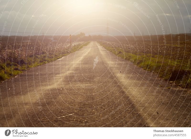 leere Landstraße zwischen Feldern bei Sonnenuntergang Asphalt Hintergrund leere Straße blau Wolkenlandschaft Textfreiraum Landschaft Ausflugsziel dramatisch