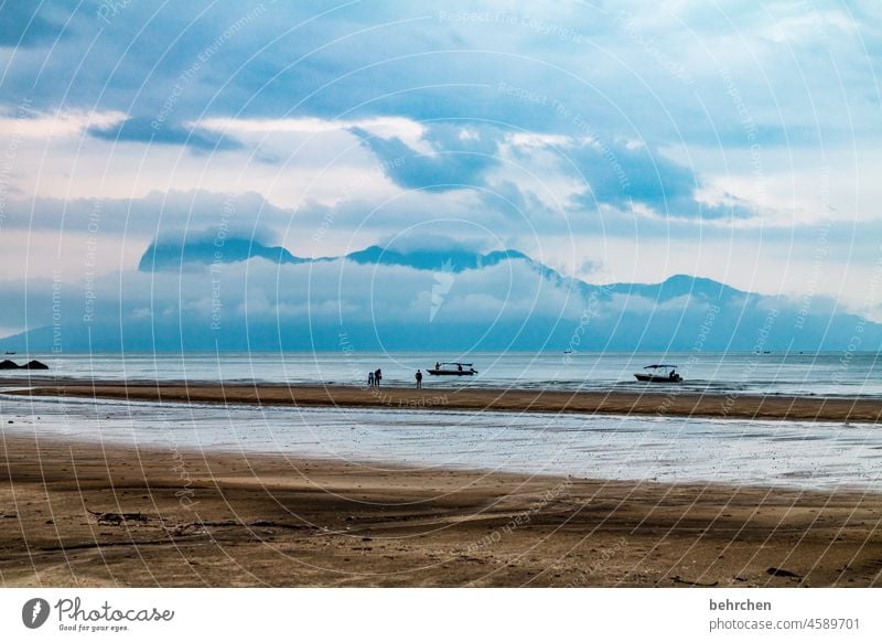 ankommen dramatischer himmel Dramatik Tag Kontrast Licht Sarawak Sand Außenaufnahme Fischerboot fantastisch Wellen Wolken Ausflug Insel Urwald Küste exotisch