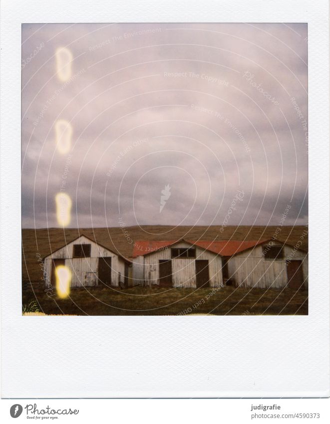 Polaroid eines isländischen Hauses Island Gebäude Hütte Häusliches Leben wohnen Schuppen Stall Scheune Einsamkeit Natur Landschaft Himmel Wiese Stimmung Tür