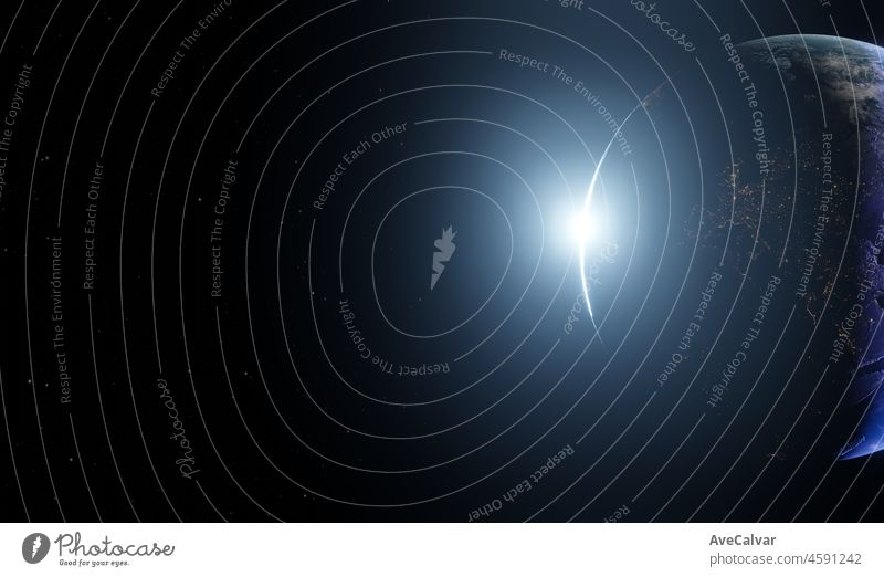 Erde Planet aus dem Weltraum gesehen Europa bei Nacht, 3D-Render des Planeten Erde. NASA Genauigkeit. Sichtbare Lichter der Städte in der Nacht. Mit Sonnenaufgang und Strahl Lichtfackel am Horizont. Sci fi, Technologie Zukunft