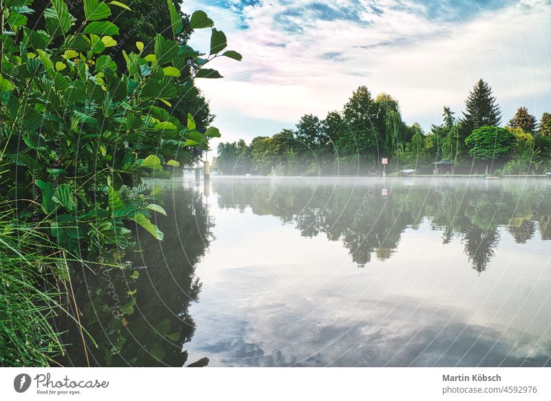 dramatische Aufnahme mit Nebel von der Dahme, einem Fluß bei Berlin in Brandenburg. am fluß abenddämmerung morgen ferien habitat badespaß baden reisen urlaub