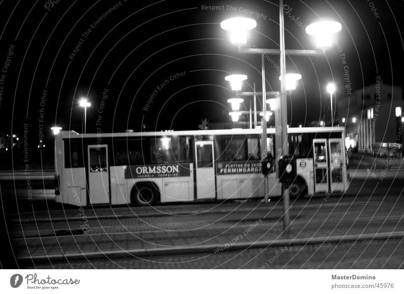 Bus Fahrzeug Straßenbeleuchtung Bushaltestelle Island Europa Lækjatorg Nacht dunkel ungemütlich Licht Müllbehälter anonym Außenaufnahme Nachtaufnahme