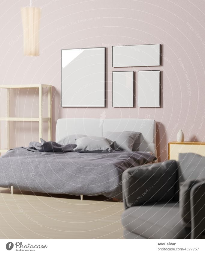 Minimal Schlafzimmer Design 3d Rendering, Galerie Wandrahmen Mockup in weißen Raum mit trendigen und modernen Möbeln und viele grüne Pflanzen, ein großes Poster Rahmen 3 kleine in einem Interieur im skandinavischen Stil