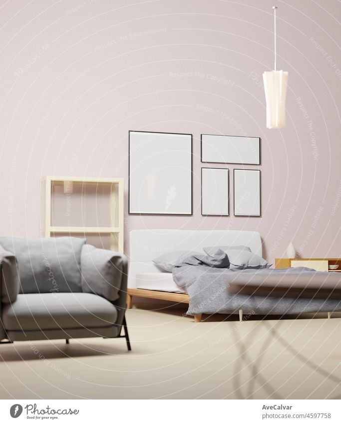 Minimal Schlafzimmer Design 3d Rendering, Galerie Wandrahmen Mockup in weißen Raum mit trendigen und modernen Möbeln und viele grüne Pflanzen, ein großes Poster Rahmen 3 kleine in einem Interieur im skandinavischen Stil