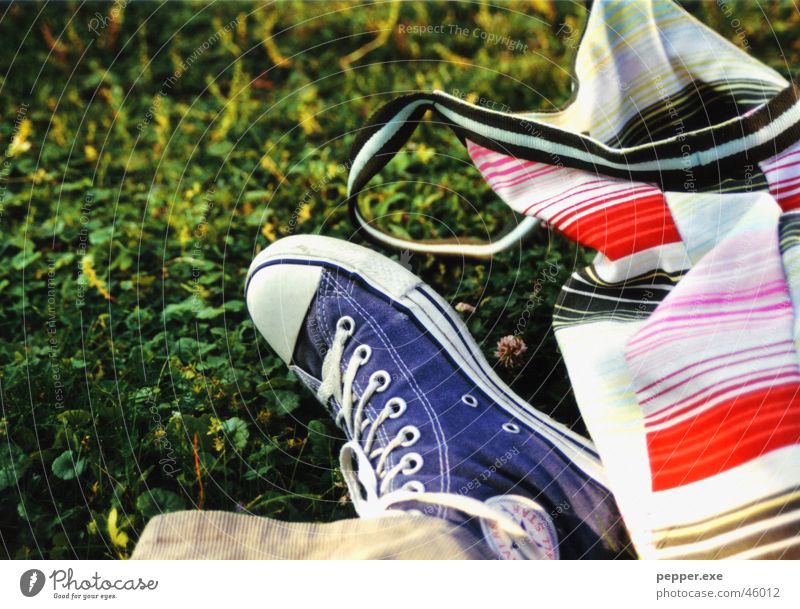 15 min. vor Soundcheck Chucks Schuhe Tasche grün Gras Erholung Rasen liegen