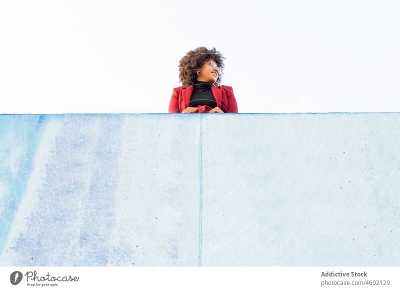 Afroamerikanische Frau mit Afrofrisur lehnt sich an einen Steinzaun Afro-Look Zaun Frisur Lächeln Glück fettarm charmant krause Haare trendy