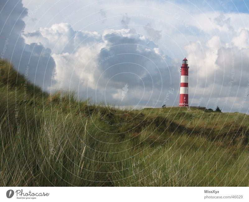 Leuchtturm auf Amrum rot weiß Meer Wolken Einsamkeit Baum Sträucher Ferien & Urlaub & Reisen Wiese Natur Deutschland Außenaufnahme Insel Nordsee Himmel