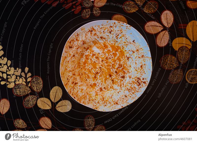 Satt ! Öl auf Porzellan auf Baumwolle Teller leerer teller Ernährung Geschirr Innenaufnahme Tisch Farbfoto Lebensmittel Abendessen Mittagessen Gesunde Ernährung