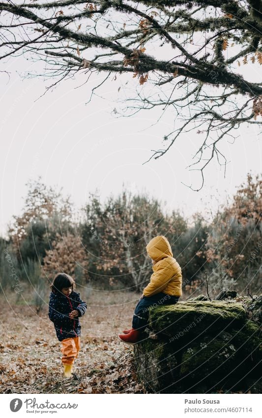 Bruder und Schwester spielen im Freien Kind Kindheit Geschwister Familie & Verwandtschaft Junge Mädchen 1-3 Jahre 3-8 Jahre Kaukasier Winter Wald Spielen Glück