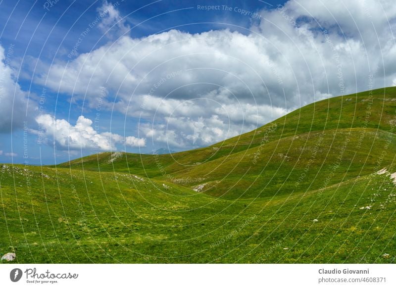 Berglandschaft im Naturpark Gran Sasso in den Abruzzen, Italien Campo Imperatore Europa Juni L Aquila Farbe Tag Feld grün Landschaft Berge u. Gebirge natürlich