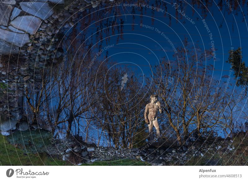 fkk David Statue Spiegelung David und Goliath Außenaufnahme Teich dunkel Himmel nackt Mensch Schatten Farbfoto Unschärfe statussysmbol blau Wasser