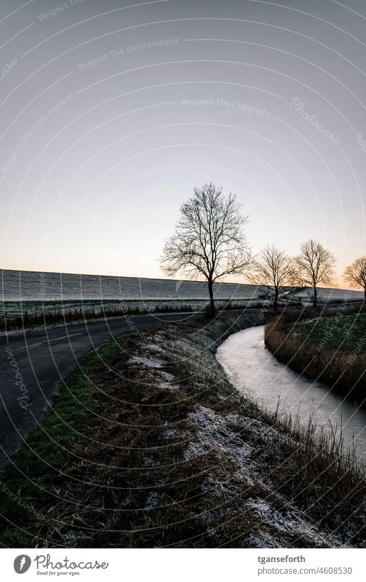 Wintertag in Ostfriesland Frost Eis Deich Gegenlicht Kurve Weg Sonnenuntergang Sonnenuntergangshimmel Sonnenuntergangsstimmung Menschenleer Abenddämmerung