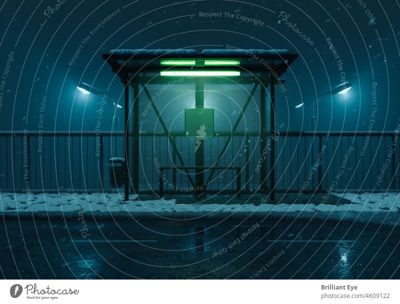 beleuchtete Bushaltestelle in der Winternacht 3D-Rendering Verlassen abstrakt Architektur atmosphärisch Brücke Gebäude gruselig dunkel Design leer Vorderseite