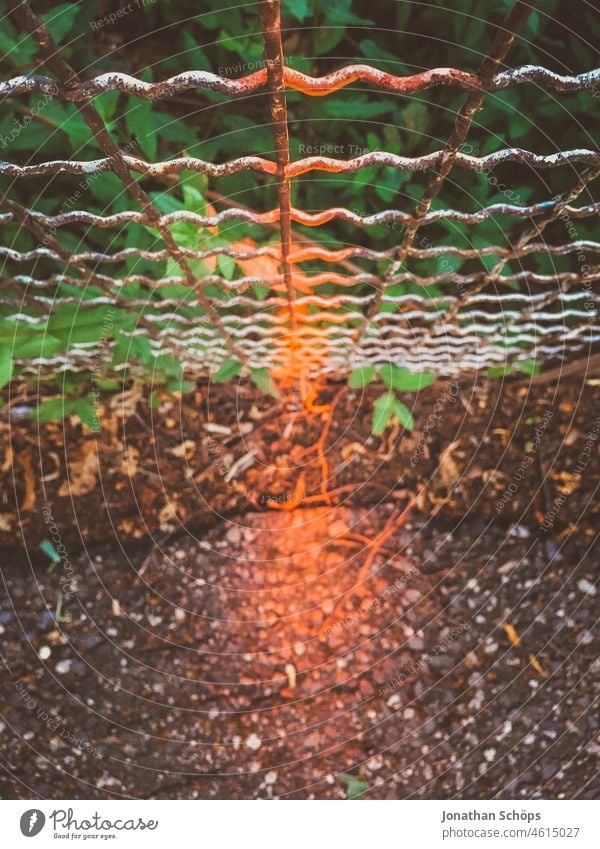 Gitterzaun rot angesprüht sprayen Zaun Grenze Grundstücksgrenze Markierung orange Nahaufnahme Draufsicht Fußweg Straßenrand Rand Metall Barriere Sicherheit