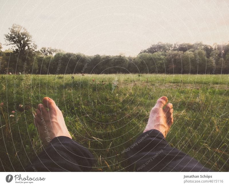 barfuß auf einer Wiese sitzen Wald draußen Outdoor Wanderung Waldwanderung Wandern Hand halten Egoperspektive Natur wandern Außenaufnahme Farbfoto