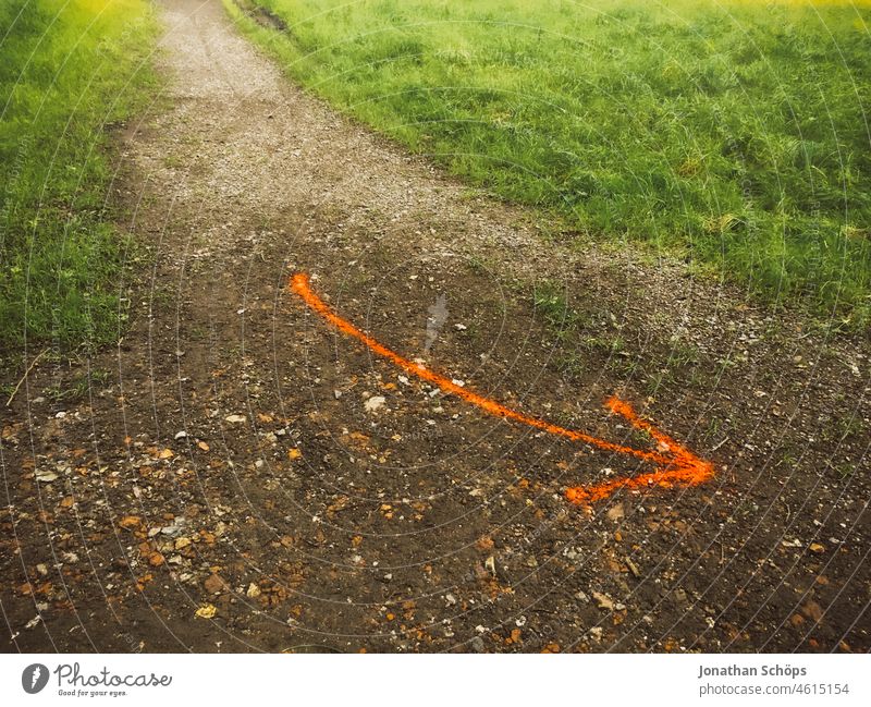 Pfeil biegt ab in rot auf einem Waldweg abbiegen Linksabbieger Abbieger links laufen Wettlauf Sport Wegweiser Wege & Pfade Orientierung Schilder & Markierungen