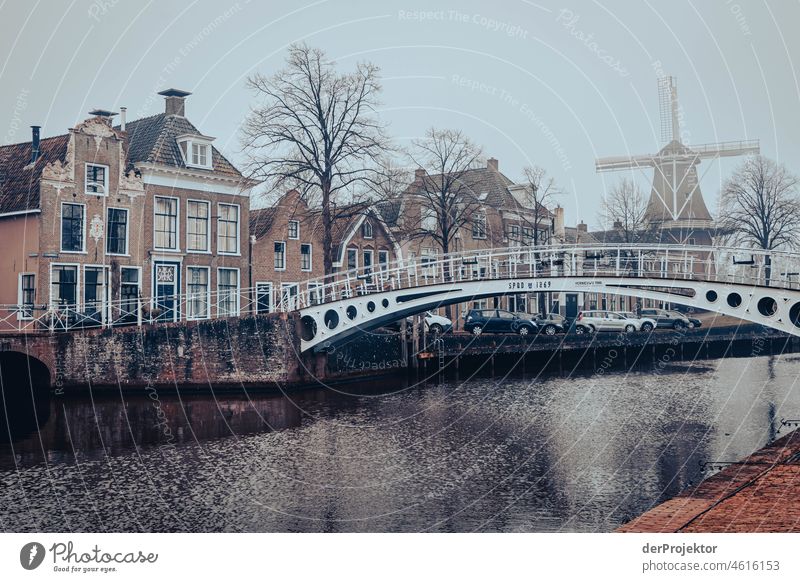 Blick auf die historischen Häuser, eine Brücke und eine Mühle von Dokkum im Winter Historische Bauten Gracht Sehenswürdigkeit Haus Stadtzentrum Hafenstadt