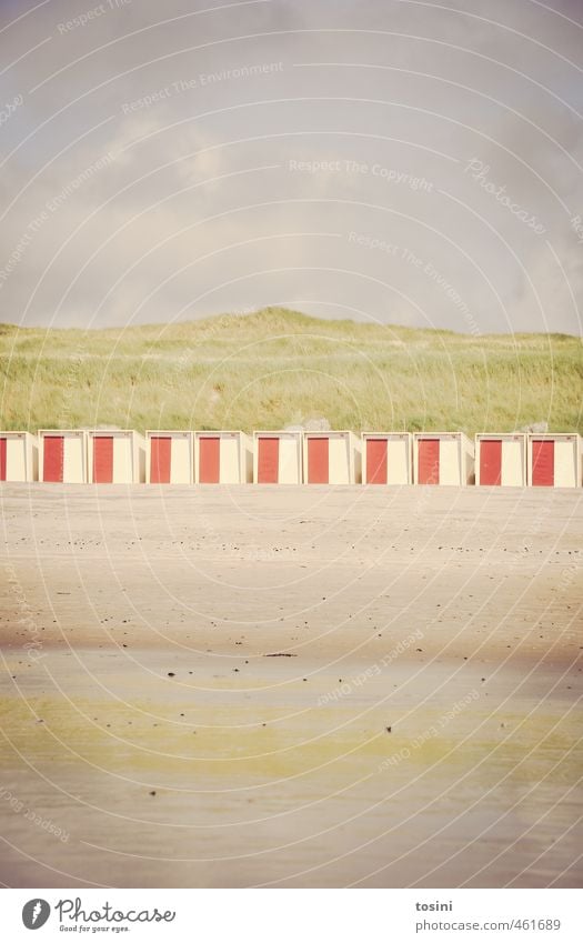 am Strand Pflanze Sand Wasser Wolken grün Stranddüne Strandkorb Himmel Meer Sandstrand geteilt Linie Ordnung Reihe Ferien & Urlaub & Reisen Farbfoto