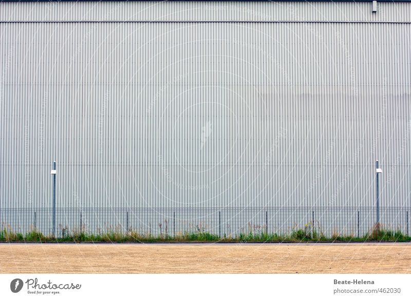 Tschüss, liebe Anne! Bitte Hindernisse einfach überspringen! Haus Industrie Handel Gras Stadtrand Bauwerk Gebäude Mauer Wand Fassade Metall Streifen