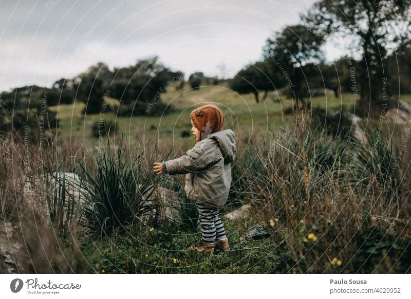 Kind mit gelber Kapuzenjacke Kindheit Junge 1-3 Jahre Kaukasier Kapuzenpullover Winter Herbst authentisch eine Person Natur Umwelt Spielen Freude