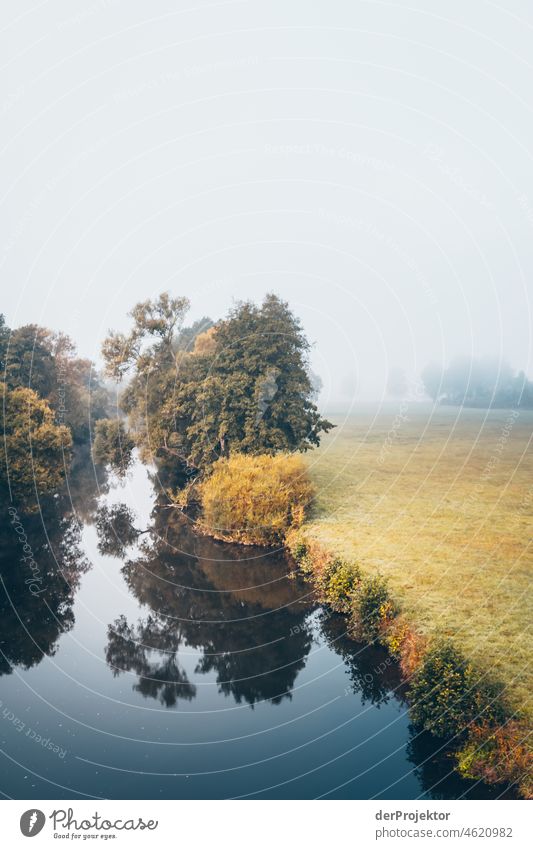 Nebliger Tag mit Blick von der Staudernheimer Brücke auf die Nahe I Herbst Klima Schönes Wetter Freude Stimmung Gefühle Fluss Baum Nebel Begeisterung fließen