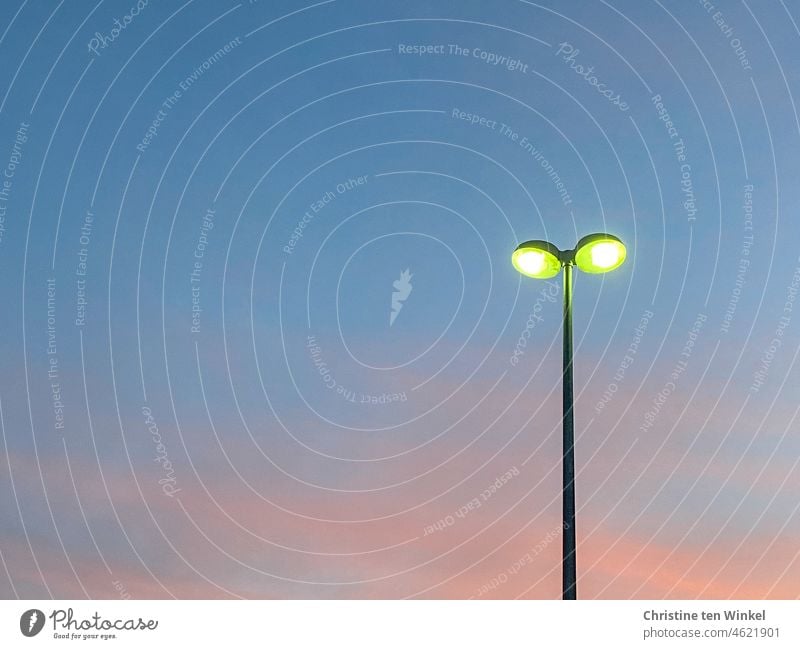 Die Dämmerung bricht herein, die Straßenlaterne ist schon an, dahinter färben sich die Wolken am blauen Himmel rosa Straßenbeleuchtung Beleuchtung Licht Lampe