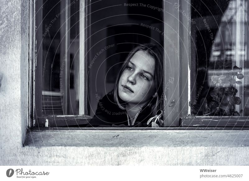 Eine junge Frau schaut melancholisch aus dem Fenster eines alten Hauses Portrait Mädchen nachdenklich träumen Teenager Jugend traurig anlehnen Gesicht